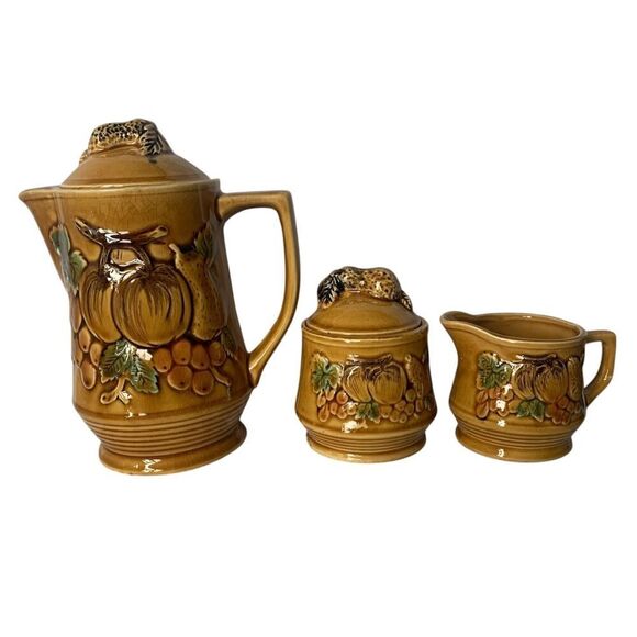 VTG MCM Japanese Teapot Tea Cream Sugar Set Ceramic Yellow Fruit Hand Painted - Picture 1 of 6